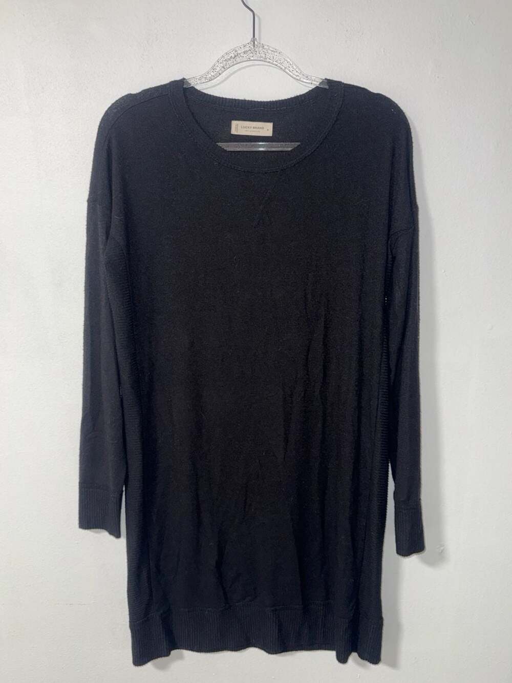 Lucky Brand Black Long Sleeve Crew Neck Lightweight Knit Sweater Tunic Dress Siz
